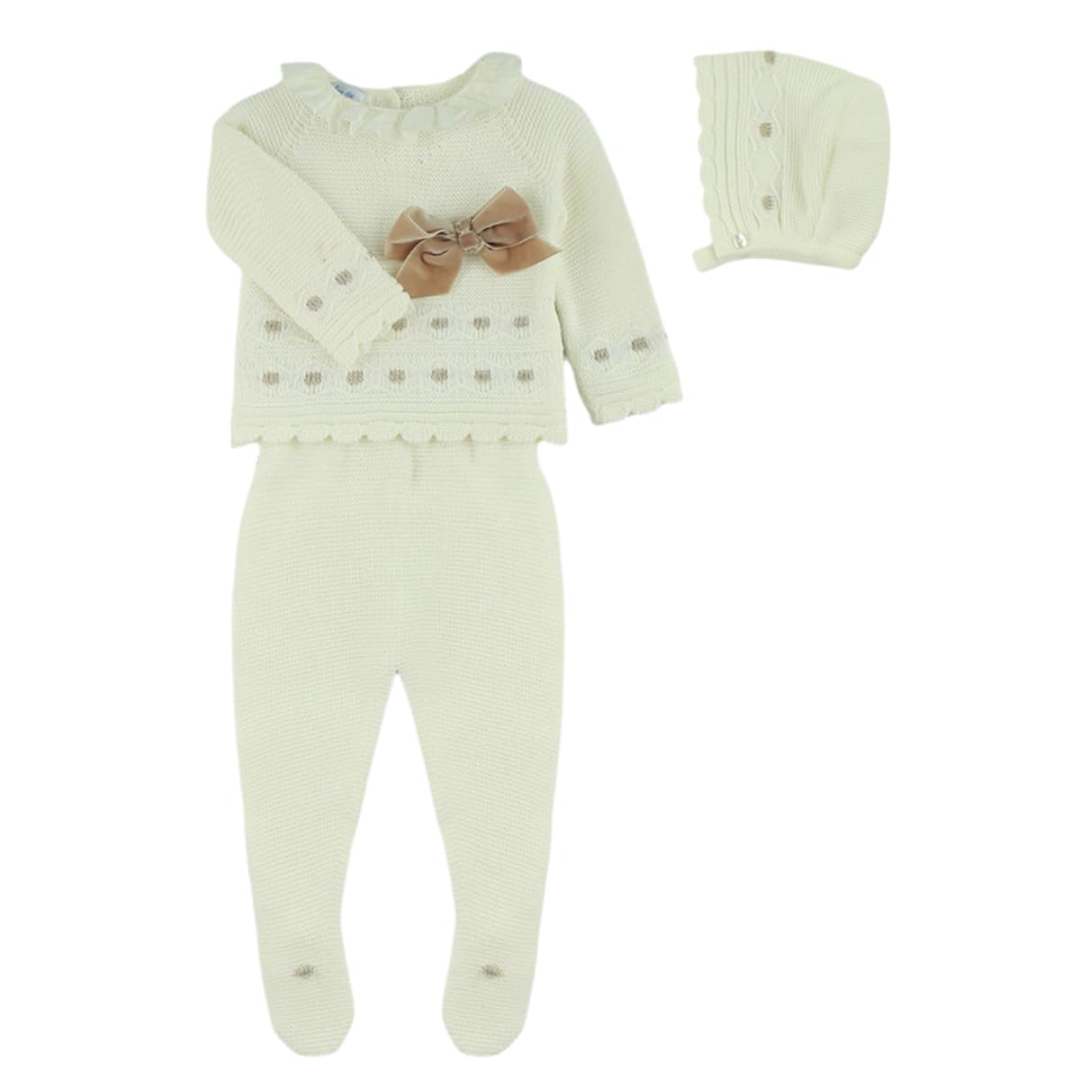 3-piece Baby Sweater, Pants, and Hat Set for Boys and Girls. Bow Accent