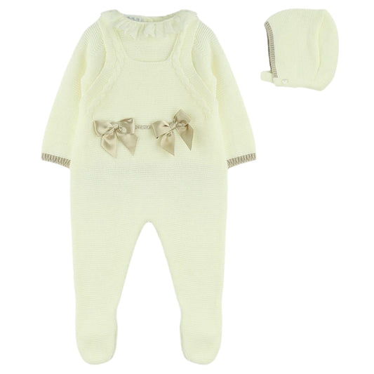 3-Piece Romper Set with Shirt and Hat for Boys and Girls. Bow details. Soft Knit