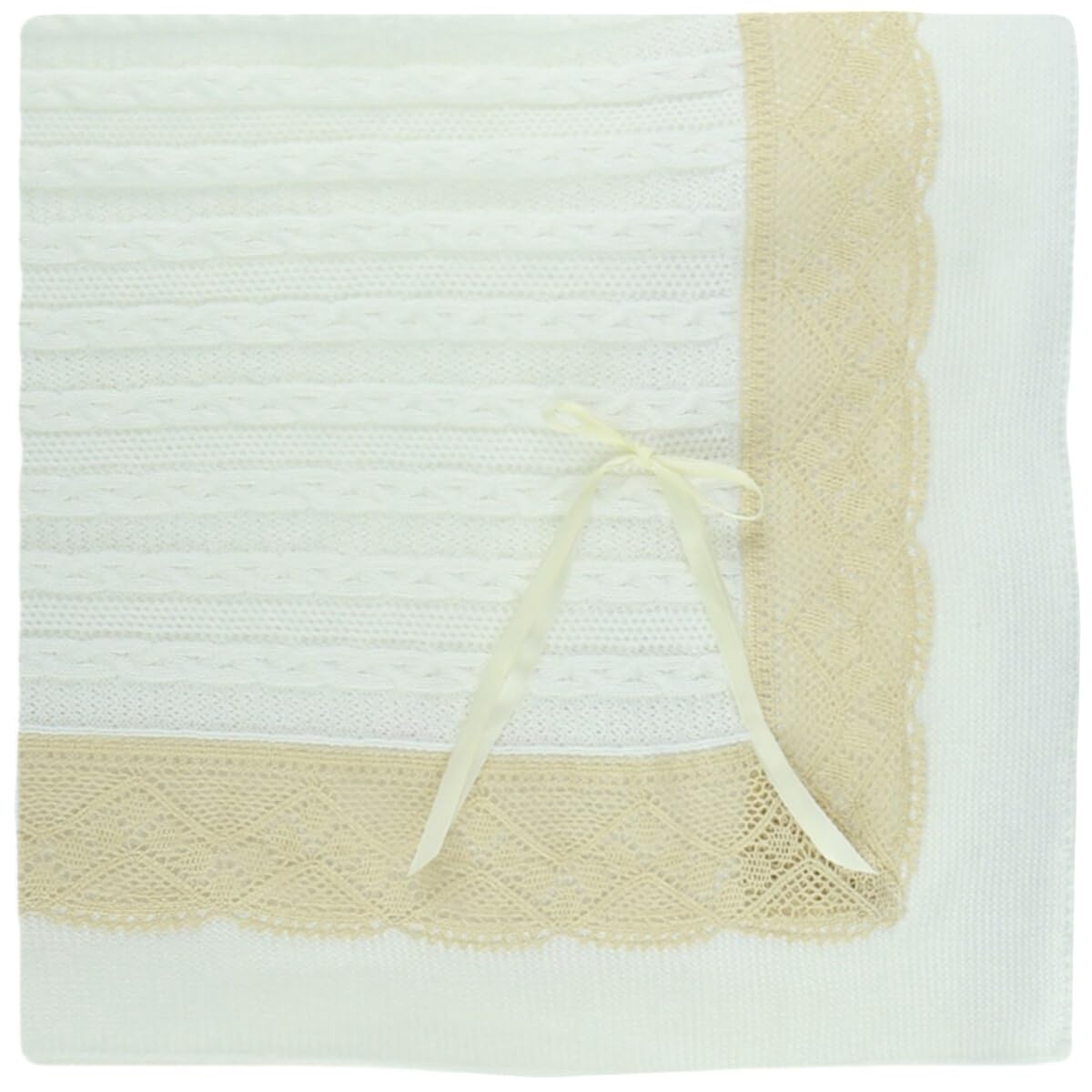 Luxury Spanish Knit Baby Blanket with Intricate Lace Trim and Honeycomb Pattern