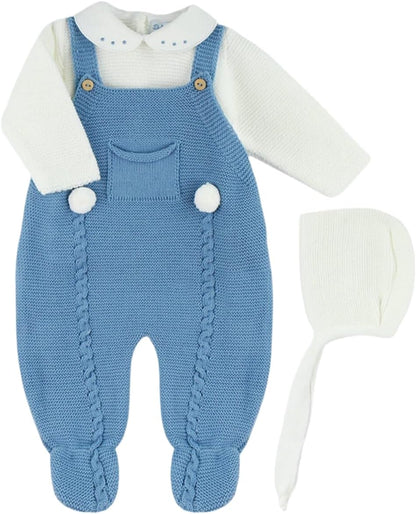 3-Piece Baby Outfit Set, Knitted Romper, Shirt, and Hat for Boys and Girls