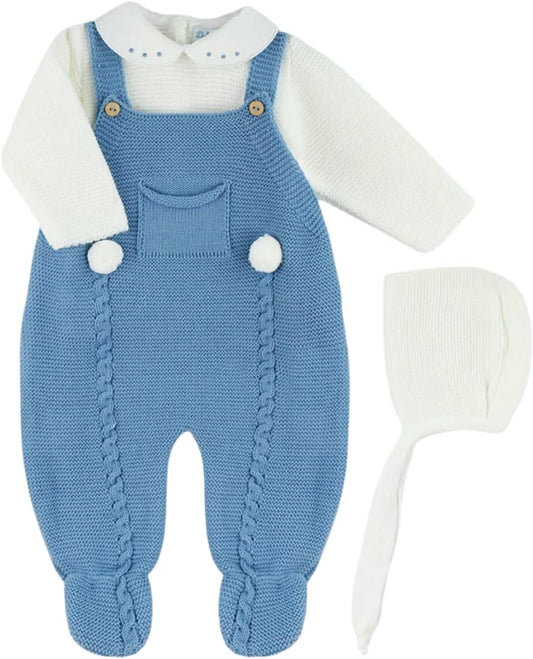 3-Piece Baby Outfit Set, Knitted Romper, Shirt, and Hat for Boys and Girls