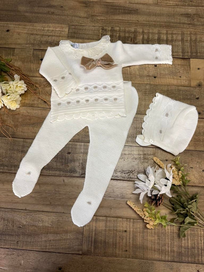 3-piece Baby Sweater, Pants, and Hat Set for Boys and Girls. Bow Accent