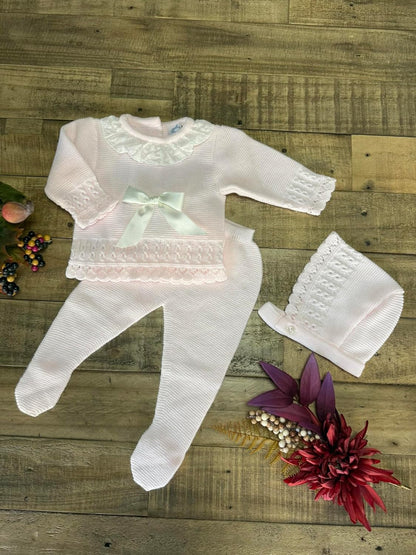 3-Piece Baby Girl Knitted Lace Romper and Hat Set