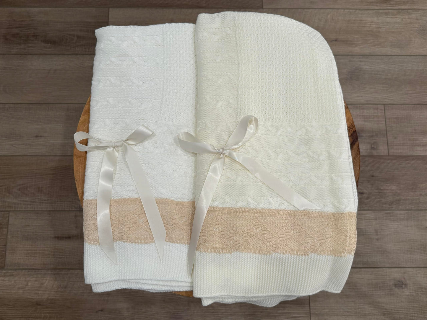 Luxury Spanish Knit Baby Blanket with Intricate Lace Trim and Honeycomb Pattern