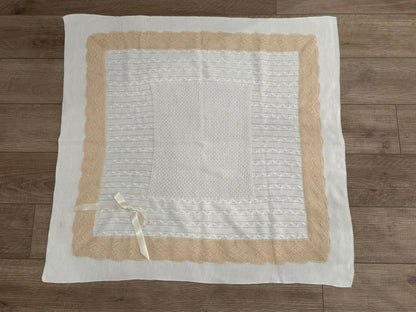 Luxury Spanish Knit Baby Blanket with Intricate Lace Trim and Honeycomb Pattern