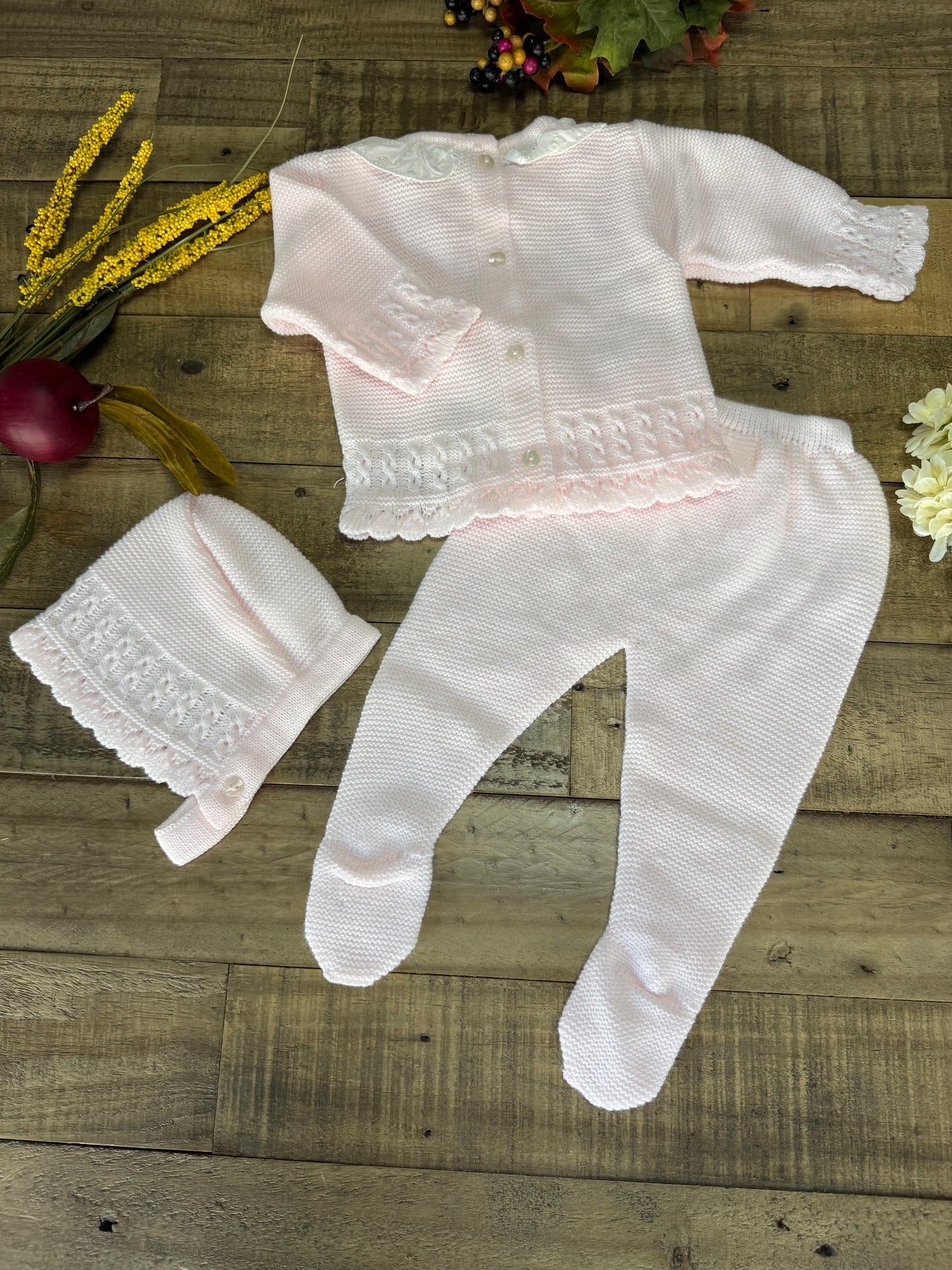 3-Piece Baby Girl Knitted Lace Romper and Hat Set