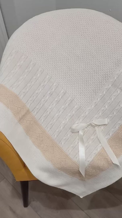 Luxury Spanish Knit Baby Blanket with Intricate Lace Trim and Honeycomb Pattern